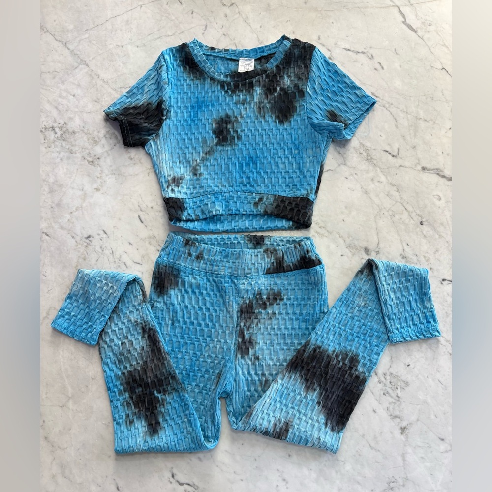 Blue Tie-Dye Textured Two-Piece Set